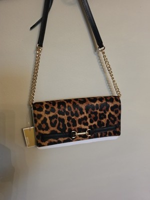 Michael Kors Jet Set Small Leopard Print Crossbody Wallet Clutch Gold Chain