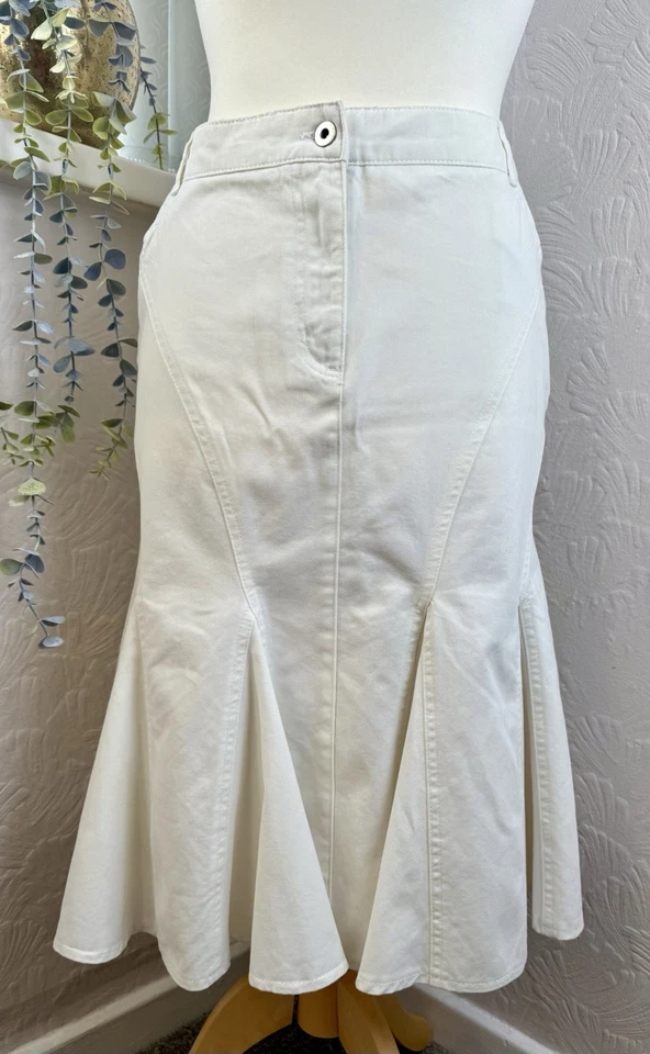 George 90s Y2K Midi Denim Skirt 16 White 🤍 Fishtail Hem Lace Back Detail Cotton - Image 2 of 4