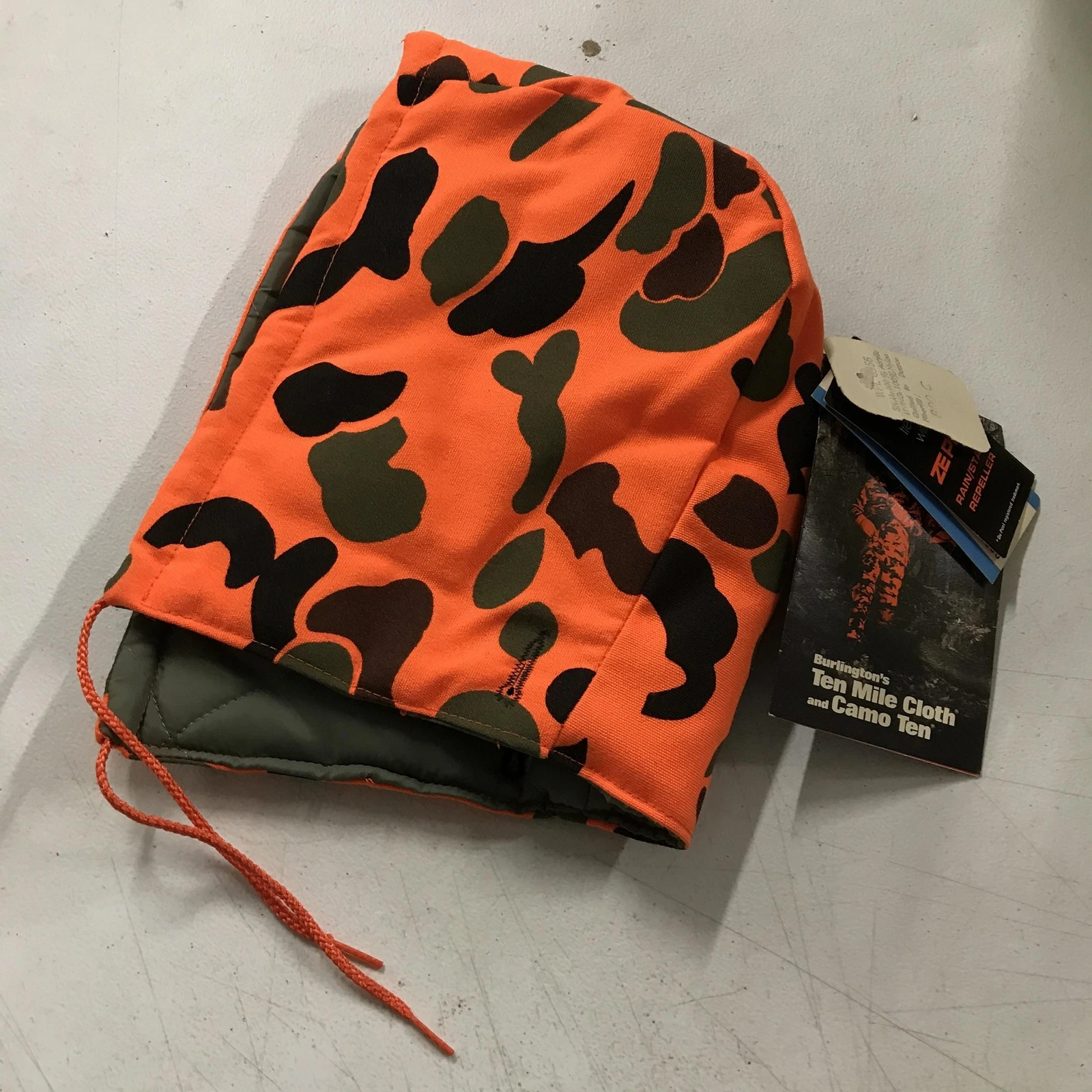 Vintage Burlington Jacket Hood Mens One Size Orange Camo Ten Mile Cloth USA