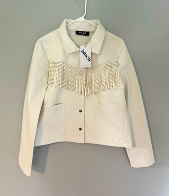 Blue B White Fringe Studded Button Front Collared Short Western Jacket L