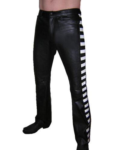 DEsigner Lederhose schwarz weiß Lederjeans leather trousers pants black Cuir - Afbeelding 1 van 3