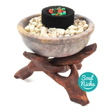 Small Stone Charcoal Burner, Incense Cone Burner, Resin Burner w/ Wood Stand