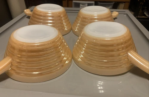 4-vtg FIREKING Peach Luster lustre ware Beehive Handle Soup Bowl Anchor Hocking