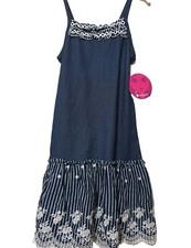Emily West Girls Dress 10 Ruffled Embroidered Lace Trim Cotton Navy Blue NWT
