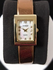 Gossip Rectangle Goldtone Bronze Metallic Faux Leather Band Watch