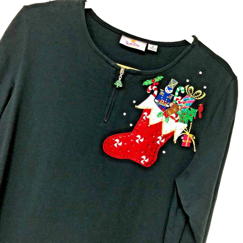 Quacker Factory 1/2 Zip Weihnachtspullover Oberteil Damen M schwarz Verzierung Xmas - Bild 4 von 7