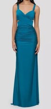 Blondie Nites Women Blue Ruched Tie-Back Sleeveless Gown Size 15