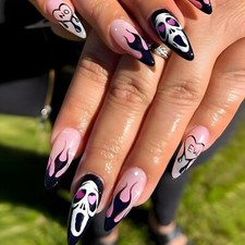 Halloween Ghost Almond Press-on Nails Medium Length Nail Decoration Black  Pink