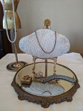 La Regale Vintage Ivory Pearl Beaded Satin Evening Purse Kiss Lock with Chain