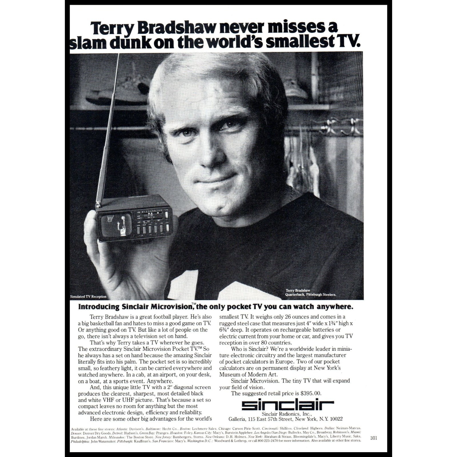 1978 Sinclair Microvision Portable TV Vintage Print Ad Terry Bradshaw