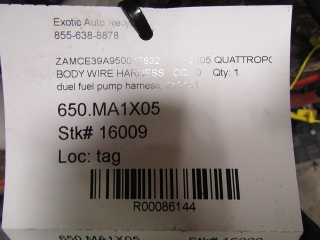 Maserati Quattroporte, Duel Fuel Pump Wire Harness, Used, P/N 212101
