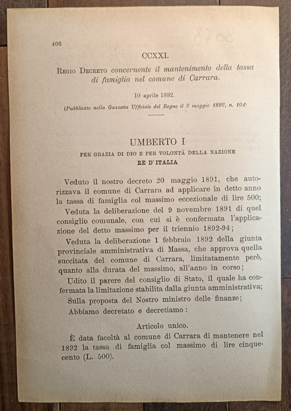 Carrara 1892 Regio Decreto in Tassa di Famiglia -8708