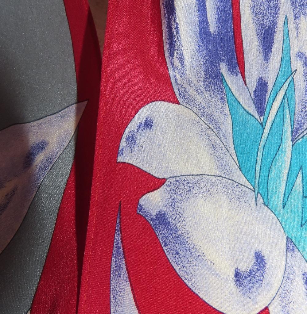 Vera Neumann obong scarf; floral; blue, raspberry, aqua, white; 72 x10; silk?