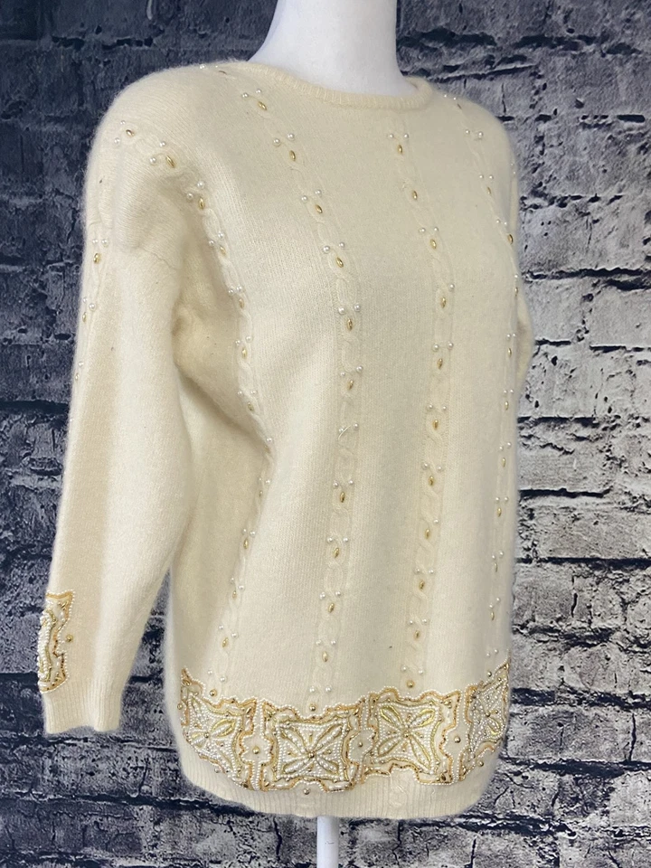 Suéter Vintage Marisa Christina Mujer Grande Lana Cuentas Perla Dorado Adornado Foto 2 de 4