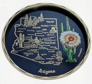 VTG Arizona Souvenir Map Black Round Tin Metal Tray Saguaro Gold Trim 11"