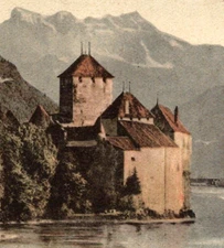 Antique RPPC Château de Chillon Dents du Midi Lake Geneva Switzerland c1900s