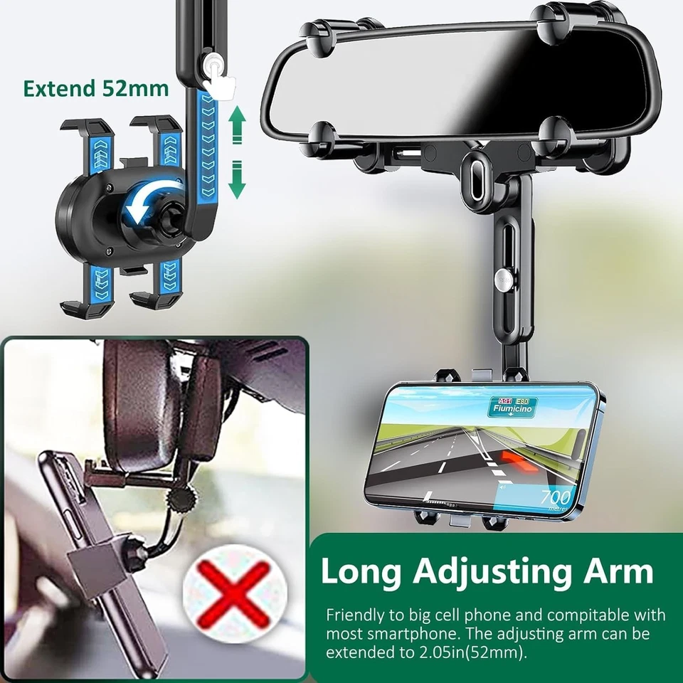 Rearview Mirror Phone Holder, 360° Rotating Anti-Shake Mount for All Smartphones - Image 3 of 4