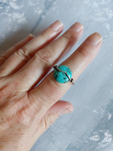 Vintage ring artisan wire wrapped sterling silver sz 8 Turquoise bead - Picture 3 of 5