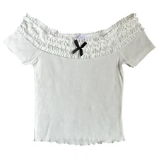 West of Melrose White Ruffled Off-Shoulder Cropped Coquette Top with Bow XS EUC