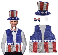 Adult Uncle Sam Costume Top Hat Vest Bowtie Beard Patriotic 4th of July Set