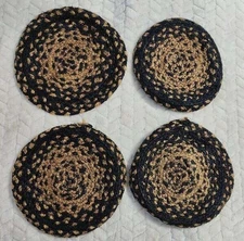 Lot Set of 4 Primitive Style Table Jute Trivet Farmhouse Black Brown Woven 8"