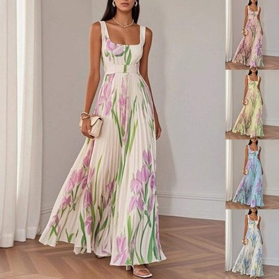 Floral Print Pleated Dress Summer A-Line Sleeveless Midi Dresses Women's Clothin