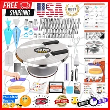 250 PCs Aluminum Cake Decorating Tools Kit with 12" Metal Turntable & Knife s...