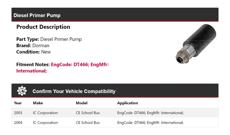 Bomba de imprimación diésel Dorman para autobús escolar CE 2003-2004 IC Corporation Foto 2 de 4