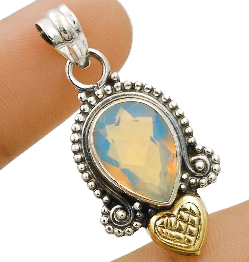 Two-Tone 2CT Fire Opalite Sterling Silver Pendant 1.5 Inch