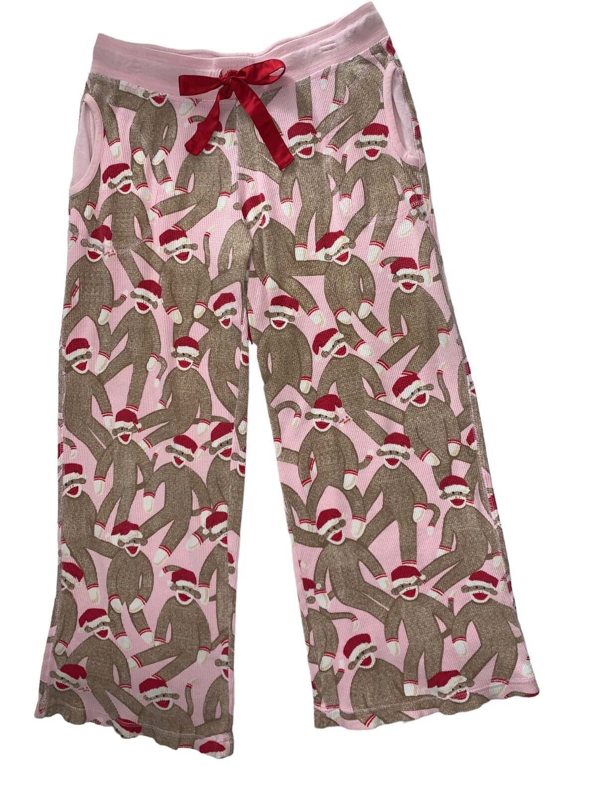 Nick & Nora Santa Sock Monkey Pajama Bottoms M Pink Thermal Waffle Pockets