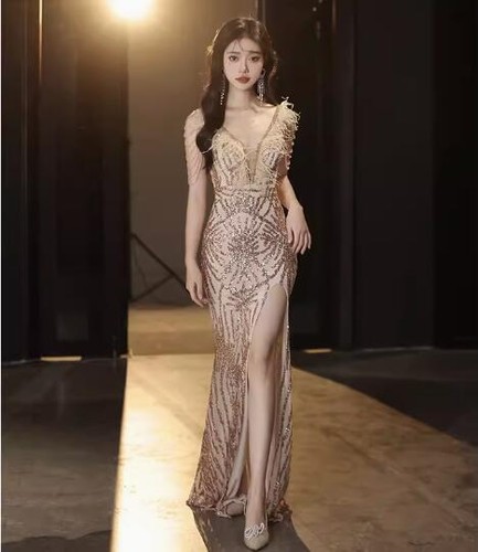 Gorgeous V Neck Feather Shine Sequins Bodycon Fishtail Gown Prom Evening Dresses - Picture 17 of 17