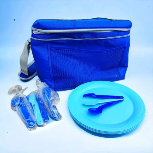 TUPPERWARE MEDITERRANEAN LARGE PLATE PICNIC COOLER BAG + CUTLERY BLUE - Picture 1 of 1