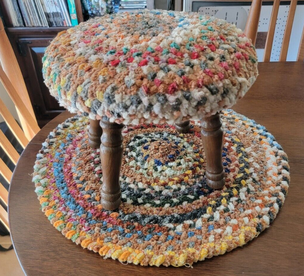 Neat & Handmade Braided Rag Rug and Matching Foot Stool Rain