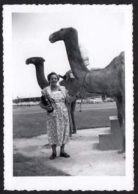 GRANDMA POSES w SAHARA CASINO CAMEL STATUE ~ 1950s VINTAGE LAS VEGAS PHOTO