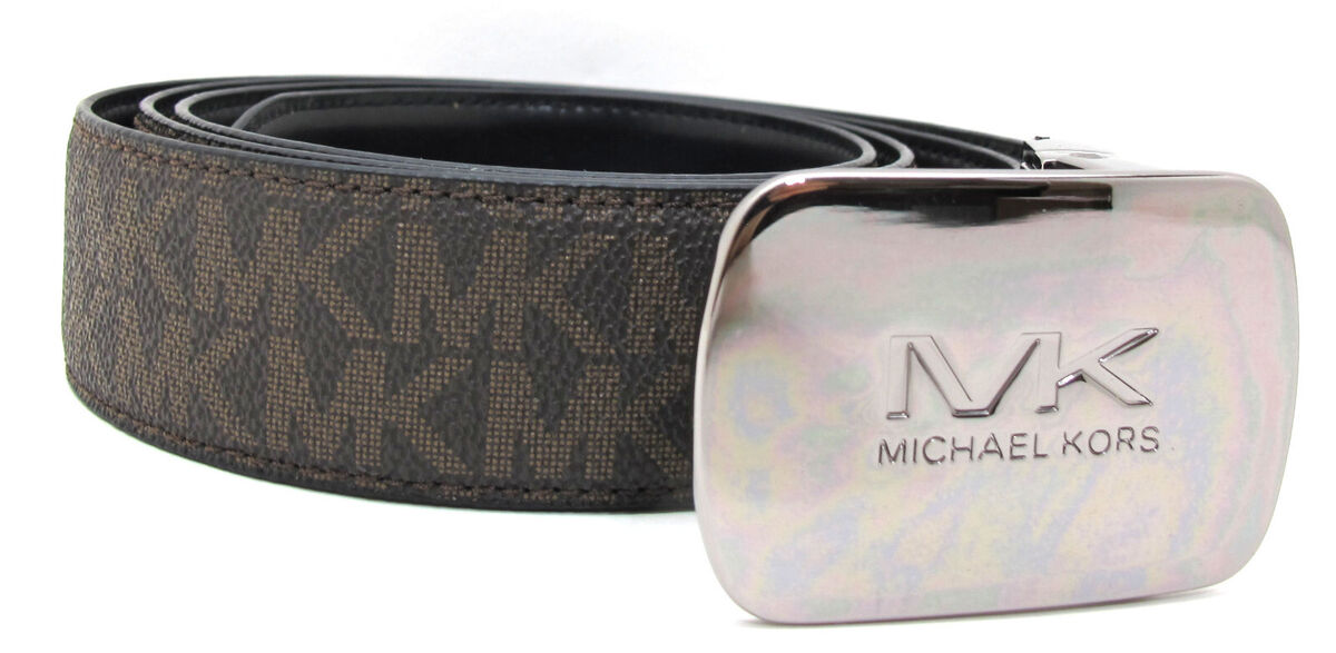 NEW MICHAEL KORS MK Buckle Mens Belt Brown/Black Silver NEW MICHAEL KORS MK Buckle Mens Belt Brown/Black Silver