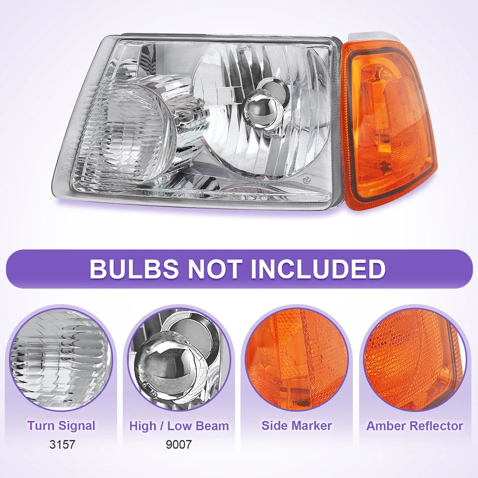 Headlights For 2001-2011 Ford Ranger XL XLT Chrome Housing Amber Corner Headlamp - Image 3 of 4