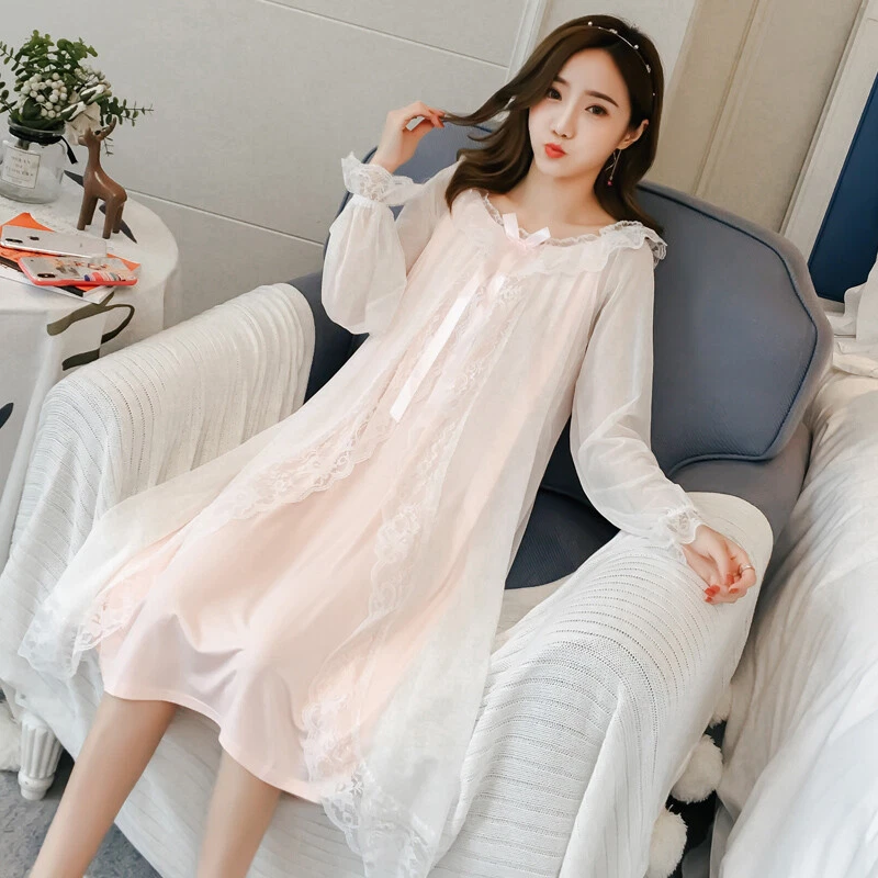 Women Mesh Lace Pajama Dress Night Gown Sleepwear Long Sleeve