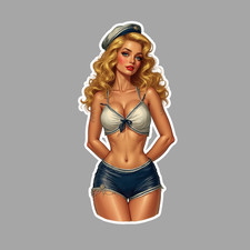 Vintage blonde sailor pinup girl sticker vinyl decal bikini model cleavage