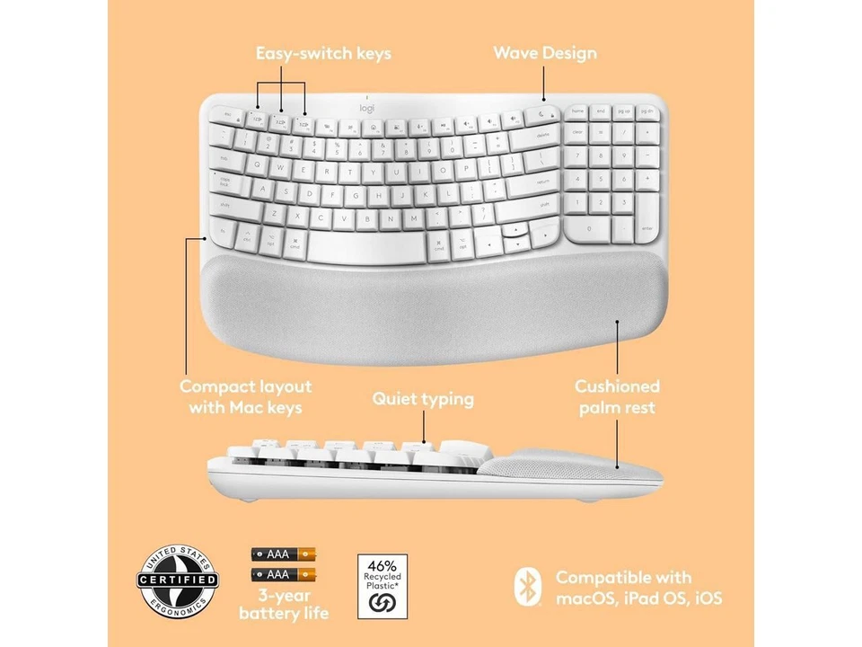 Logitech Wave Keys for Mac, Wireless Ergonomic Keyboard with Cushioned Palm - Image 2 of 4
