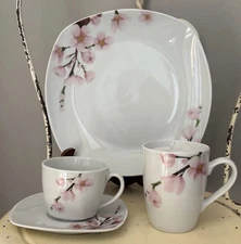 VEWEET Annie White Porcelain Dinnerware Set Service for 6. Pink Floral Design