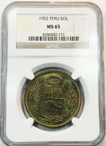 1952 PERU SOL NGC MS 65! FLAWLESS PIECE! JAW DROPPING RAINBOW TONING! NR #K2138