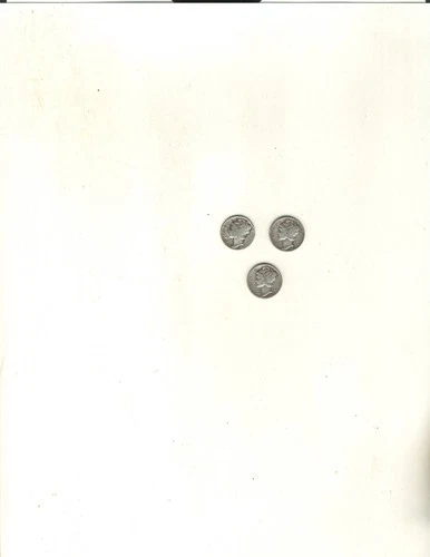 Set of 3 Mercury Dimes, 1937, 1940, 1943  , Fair to Good Condition, 90% Silver