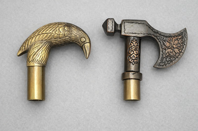 Set of 2 Vintage Brass Crow Bird Axe Handle Walking Stick Cane Head Top Antique