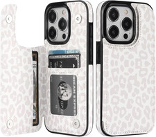 Iphone 15 Pro Case Wallet with Card Holder, White Leopard Cheetah Pattern PU Lea