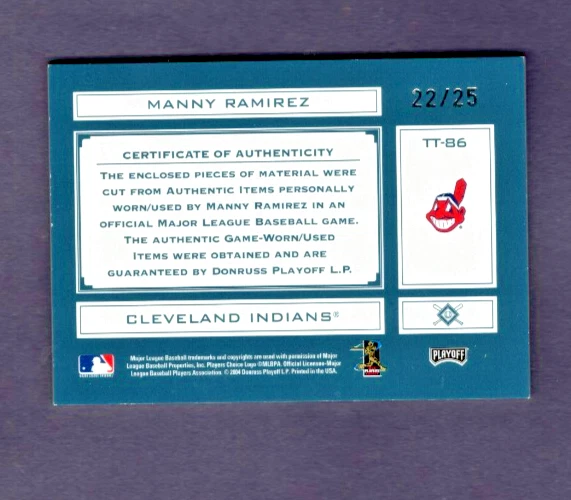2004 PLAYOFF ABSOLUTE TOOLS TRADE LEATHER GLOVE HOLE, HAT LOGO MANNY RAMIREZ#/25 - Image 2 of 2