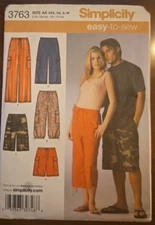Simplicity 3763 Misses Mens, Teen Pants, Shorts sizes XXS, XS, S, M