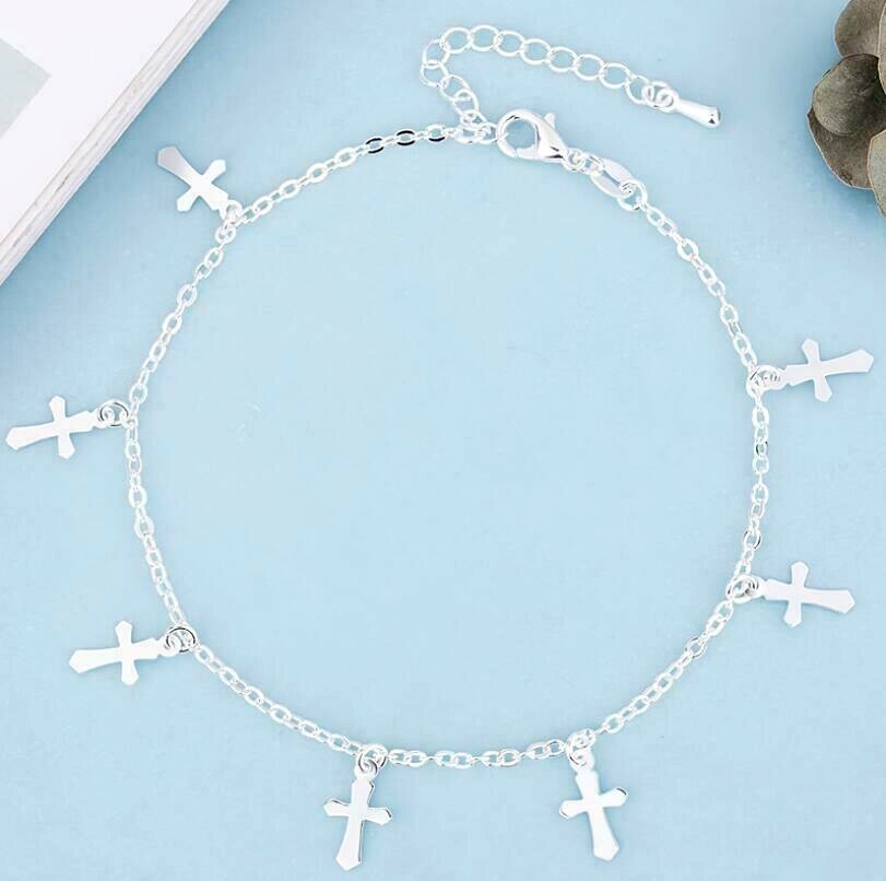 Silver SP Faith Cross Charm Foot Ankle Bracelet Chain Anklet A16