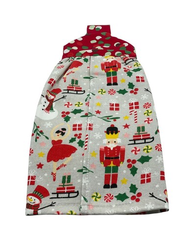 Christmas Hanging Dishtowel Nutcrackers and Festive Decorations on Gray Towel - Picture 3 of 6