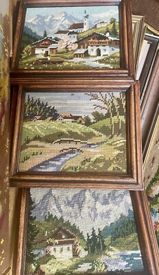 3er Set fertiger Vintage gerahmter Gobelin Nadelspitze 