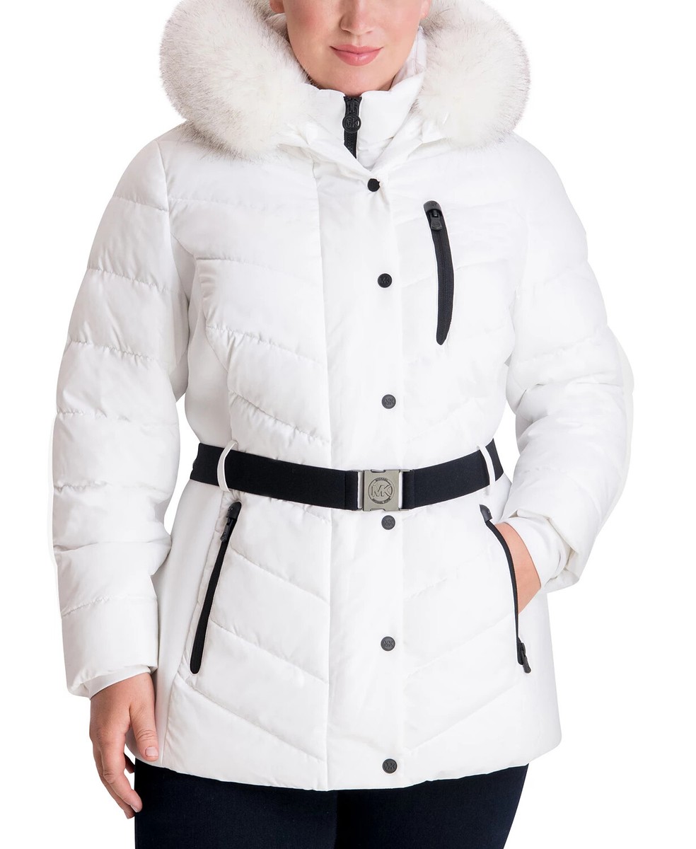 Michael Kors Belted Faux-Fur Trim Hooded White Puffer Coat Michael Kors Belted Faux-Fur Trim Hooded White Puffer Coat